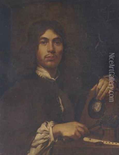 Portrait of an artist holding a hammer and chisel before an intaglio oval portrait bust of a classical figure, with a pot of chisels and a flute on a table, 1662 Oil Painting - Sebastien Bourdon