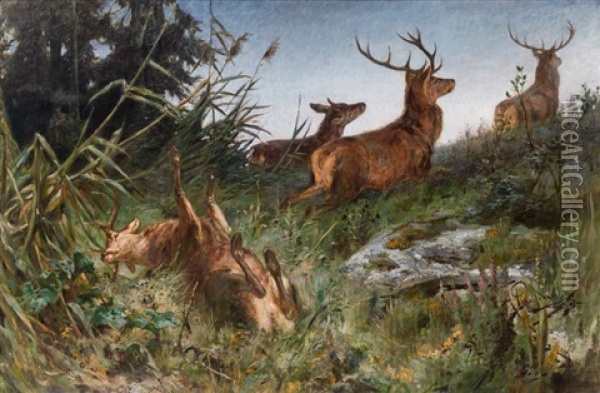 Fleeing Deer Oil Painting - Franz Xaver von Pausinger