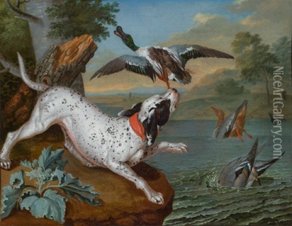 Jagdhund Und Wildenten Oil Painting - Philipp Ferdinand de Hamilton