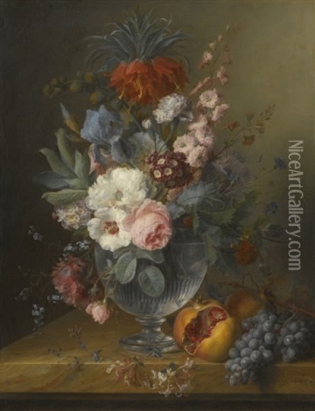 Still Life Of Flowers In A Glass Vase With Honeysuckle, Pomegranates And Grapes, All On A Marble Ledge Oil Painting - Cornelis van Spaendonck