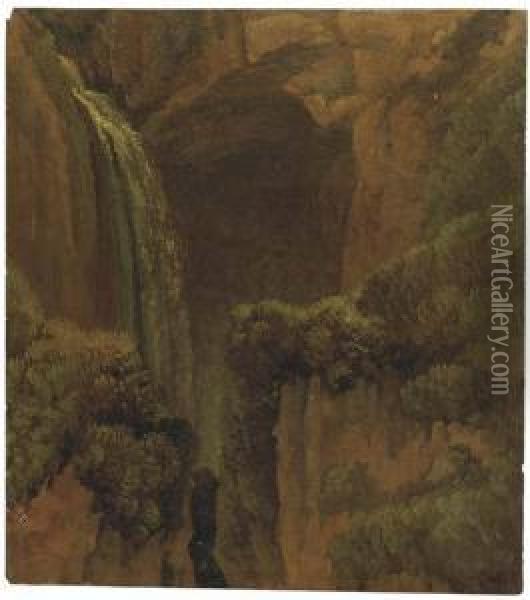Une Chute D'eau Avec Une Grotte Naturelle A Tivoli Oil Painting - Simon-Joseph-Alexandre-Clement Denis