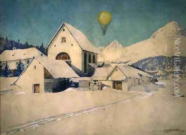 Landscape with an Air Balloon, 1910 Oil Painting - Anton Christoffel