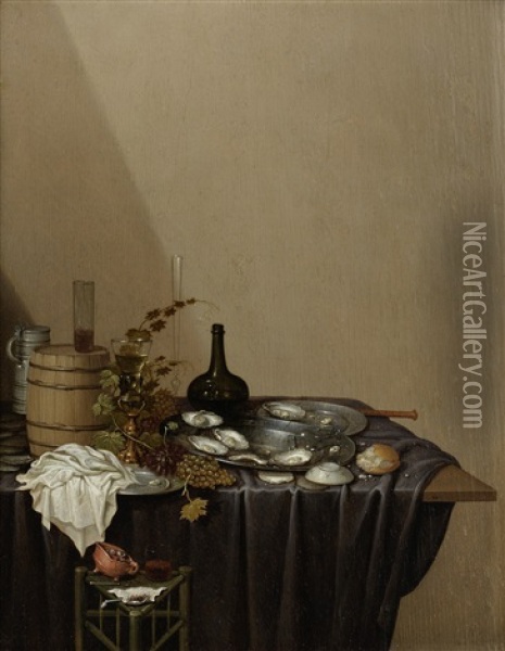 A Pewter Dish Of Oysters With Grapes, A Roemer And Bread On A Draped Table-top Oil Painting - Gerrit Van Vucht