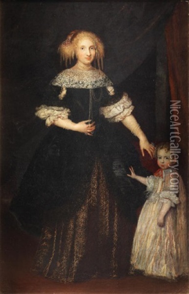 Portrait Of A Lady, Standing Full-length In A Black And Gold-embroidered Dress Beside Her Daughter Oil Painting - Pier Francesco Cittadini
