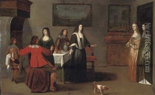 Elegant Company Conversing In An Interior Oil Painting - Christoffel Jacobsz. Van Der Lamen