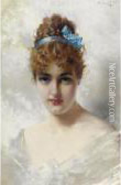 Portrait Of A Young Woman In White Oil Painting - Vittorio Matteo Corcos