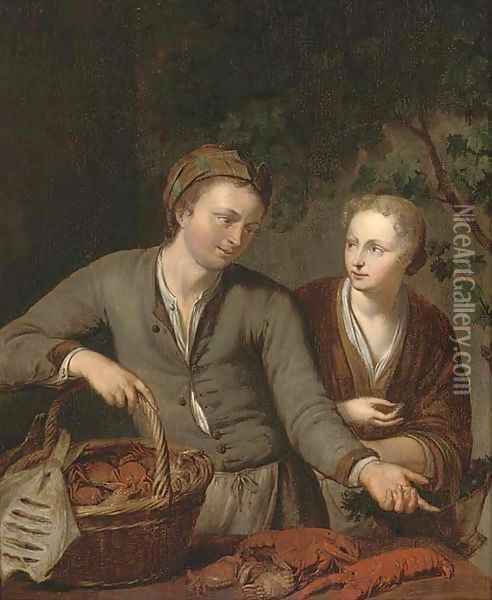 A fish seller and a vegetable seller Oil Painting - Willem van Mieris