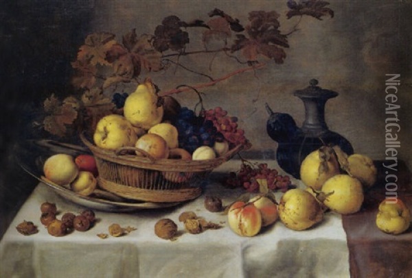 Nature Morte Au Panier De Fruits Et Piece D'orfevrerie Oil Painting - Balthasar Van Der Ast