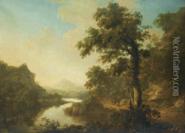 A Wooded River Landscape With Figures On A Path Oil Painting - Thomas Roberts