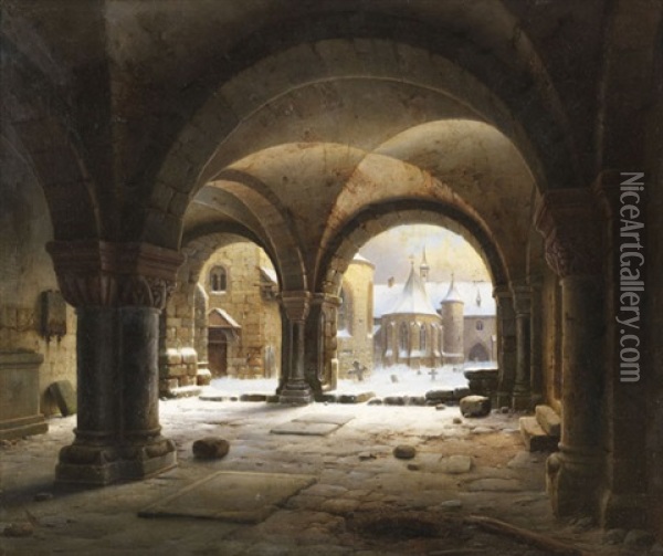 Klosterhof Im Schnee Oil Painting - Carl Georg Adolph Hasenpflug