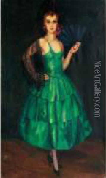 Elegante A L'eventail (1926) Oil Painting - Vladimir Rozmainsky