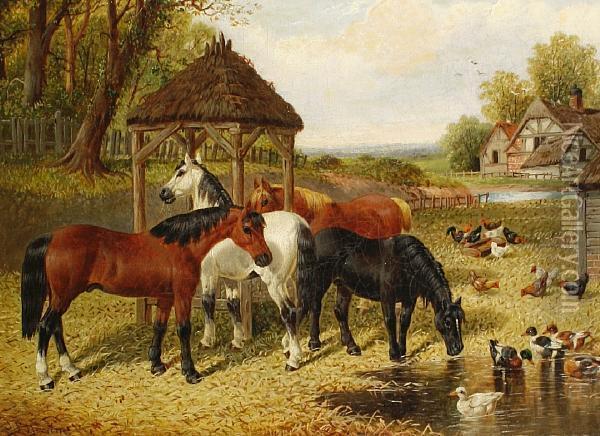 Horses And Ducks In A Farmyard Oil Painting - John Frederick Herring Snr