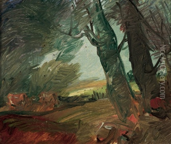 Bauer Unter Zwei Baumen Mit Zwei Kuhen Links Im Hintergrund Oil Painting - Wilhelm Busch