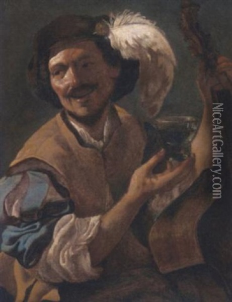 A Laughing Bravo With A Bass Viol And A Roemer Oil Painting - Hendrick Ter Brugghen