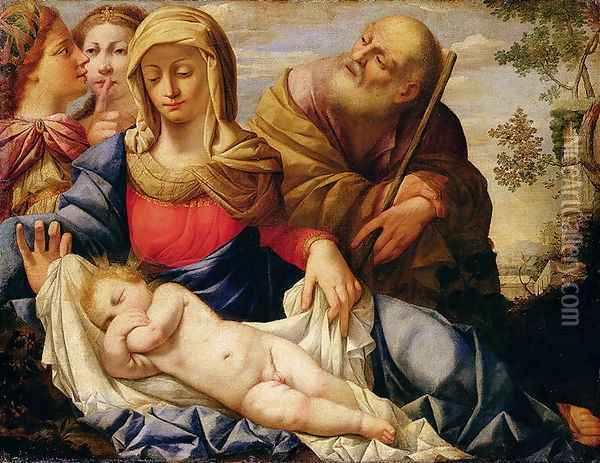 Holy Family with Two Female Figures, mid-17th century Oil Painting - Francesco de' Rossi (see Sassoferrato)