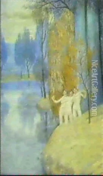 Trois Nymphes Dans Un Paysage Oil Painting - Constant Montald