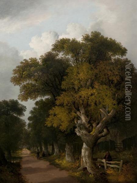 A Woodland Road With A Sportsman And His Dog And Travellers Resting Beyond Oil Painting - John Berney Ladbrooke