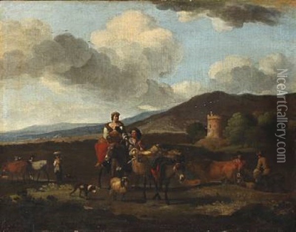 Italian Landscape. In The Foreground A Peasant Woman Riding A Donkey Oil Painting - Karel Dujardin