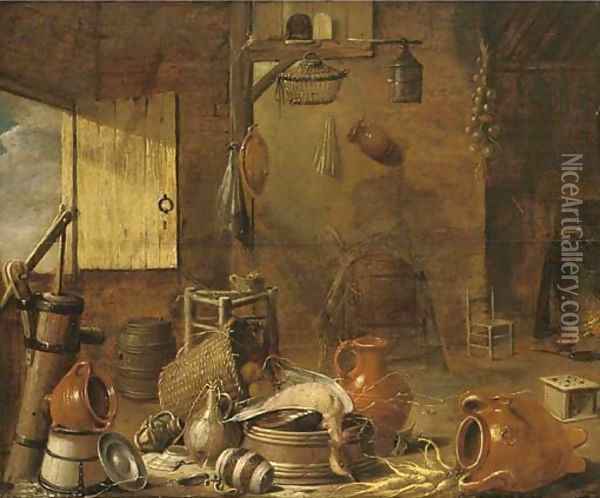 Earthenware, a drake and vegetables in a barn, with a woman cooking at a fire Oil Painting - Govert Dircksz. Camphuysen