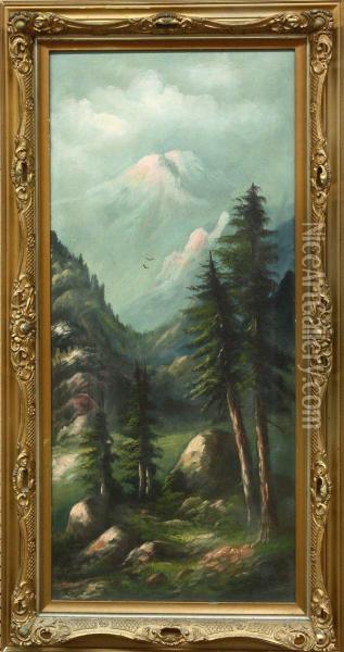 View Of Mountain Through Trees Oil Painting - William M. Lemos