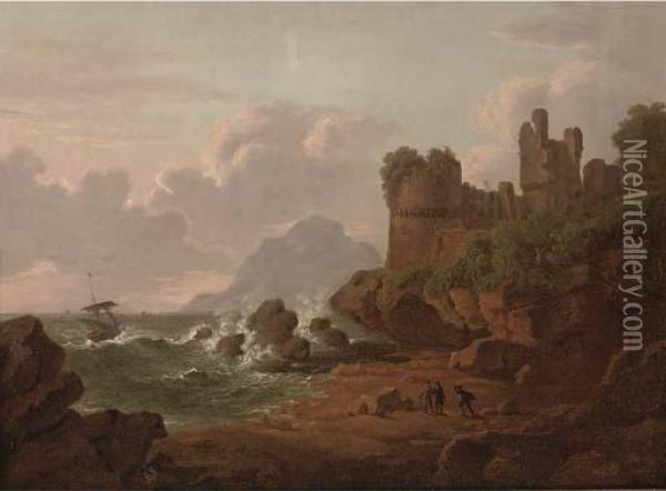 Figures In A Rocky Cove Before A Ruined Castle Oil Painting - Patrick, Peter Nasmyth