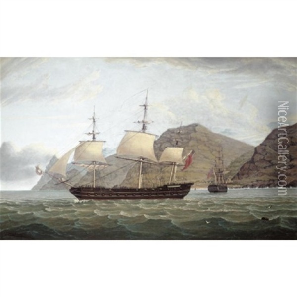 H.m. Frigate Phoenix Leaving St. Helena With Jamestown Off Her Stern Oil Painting - James Fulton Pringle