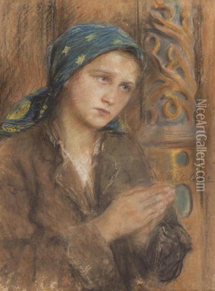 Young Girl Praying In A Blue Scarf Oil Painting - Teodor Axentowicz