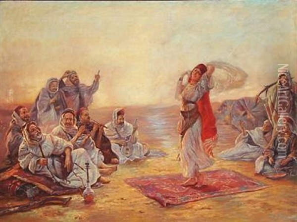 Bedouins Enjoying A Young Girl Dancing Oil Painting - Otto Pilny