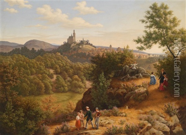 Ausflug Aufs Land, Im Hintergrund Eine Dorflandschaft Oil Painting - Ludwig (Adrian) Richter