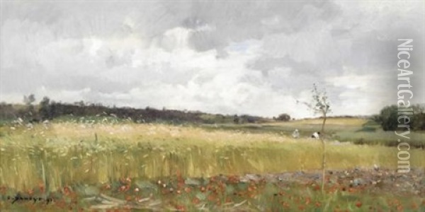 Figures In A Field Oil Painting - Pierre Emmanuel Eugene Damoye