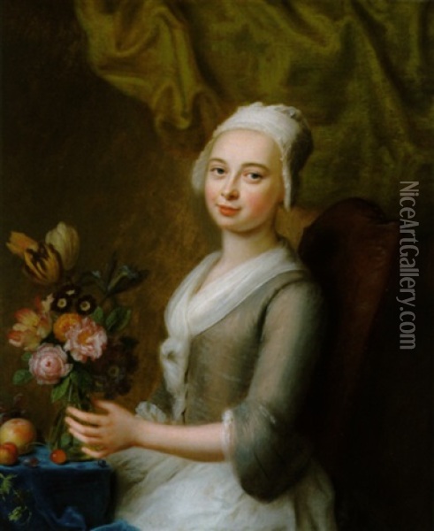 Bildnis Eines Jungen Madchens Sitzend An Einem Tisch Mit Einem Blumenstraus In Einer Glasernen Vase Oil Painting - Balthazar Denner