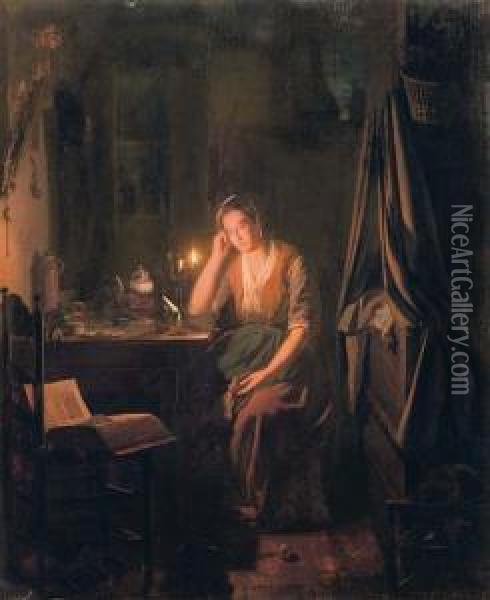 A Seated Lady By Candlelight Oil Painting - Johannes Rosierse