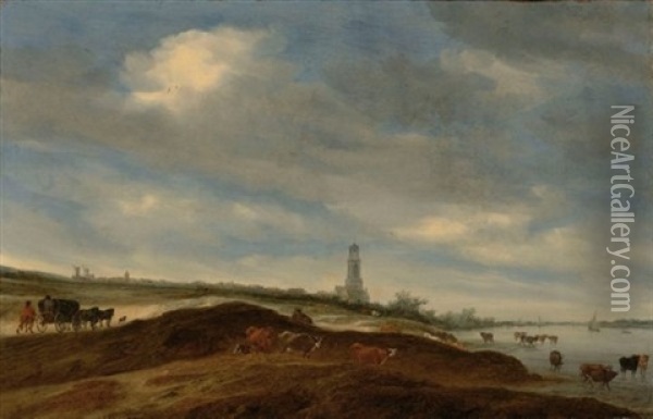 A Panoramic View Of Rhenen From The Banks Of The Rhine To The West Of The City, With The Church Of St. Cunera In The Distance, And A Horse-drawn Wagon And Cattle In The Foreground Oil Painting - Salomon van Ruysdael