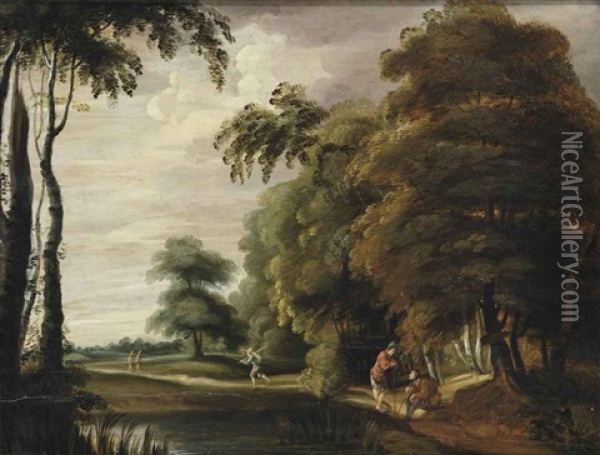 A Wooded Landscape With Travelers On A Track Near A Pond Oil Painting - Lucas Achtschellinck