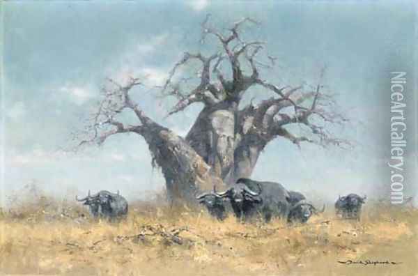 Buffalo and the Baobab tree Oil Painting - Thomas Hosmer Shepherd