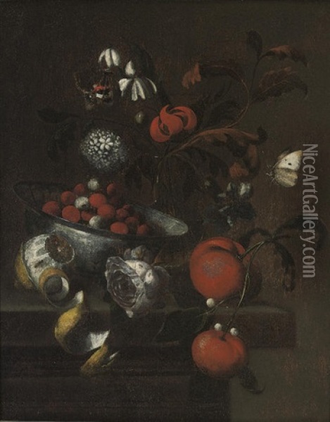 A Delft Blue And White Bowl With Cherries, Clementines, A Rose, Mixed Flowers In A Glass Vase And A Partly-peeled Lemon Oil Painting - Martinus Nellius