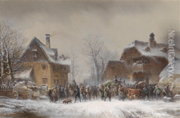 Reges Treiben In Einem Winterlich Verschneiten Dorf Oil Painting - Anton Doll