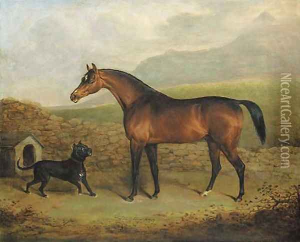 The Sligo Waxy, a bay racehorse, with a Manchester terrier, in a field Oil Painting - Henry Bernard Chalon