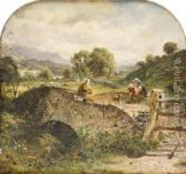 Figures On A Country Bridge Oil Painting - Erskine Nicol