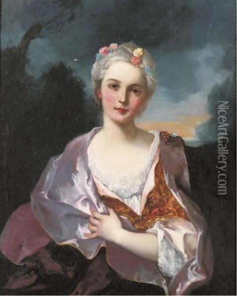 Portrait Of A Lady, Seated, Half-length, Wearing A Mauveshawl Oil Painting - Jean-Marc Nattier