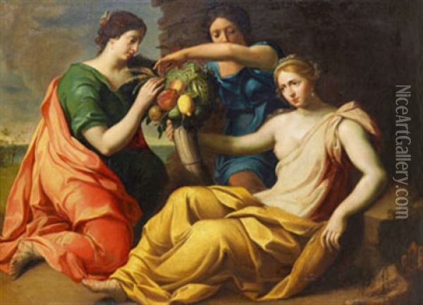 Tre Kvinnor Med Ymnighetshorn - Allegori Over Overflod Oil Painting - Pierre Mignard the Elder