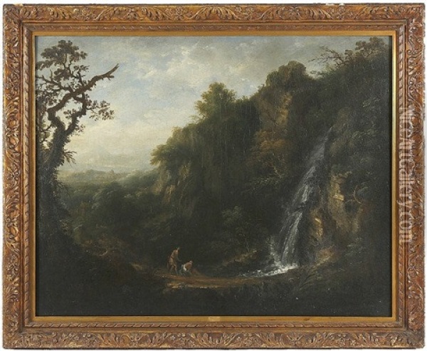 Figures By Powerscourt Waterfall Oil Painting - John Butts
