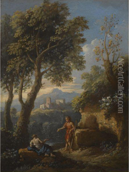 A View Of The Roman Campagna With Two Figures Conversing On A Path,a Settlement Beyond Oil Painting - Jan Frans Van Bloemen (Orizzonte)