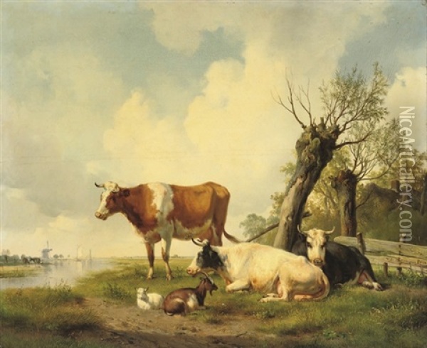 Cattle On The Waterfront Oil Painting - Hendrik van de Sande Bakhuyzen