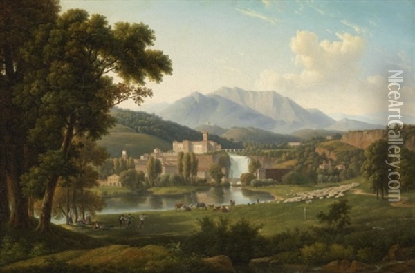 Castello Boncompagni-viscogliosi Und Der Wasserfall Auf Der Isola Del Liri Oil Painting - Alexandre Hyacinthe Dunouy