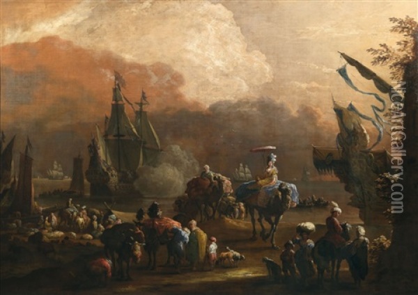 A Large Mediterranean Harbour Scene Oil Painting - Hendrich van Minderhout