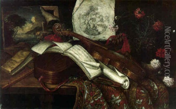 A Viola, A Lute, A Recorder, Music Sheets And Other Objects On A Table Oil Painting - Antonio Cioci