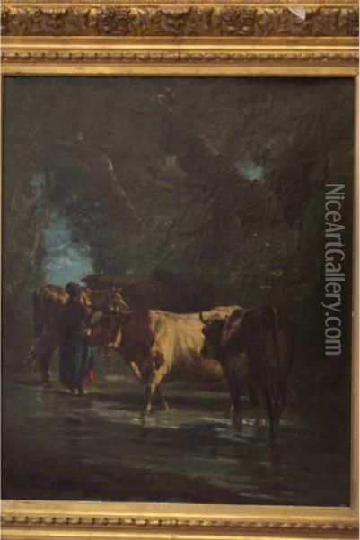 Vaches A La Riviere Oil Painting - Jules E. De La Rochenoire