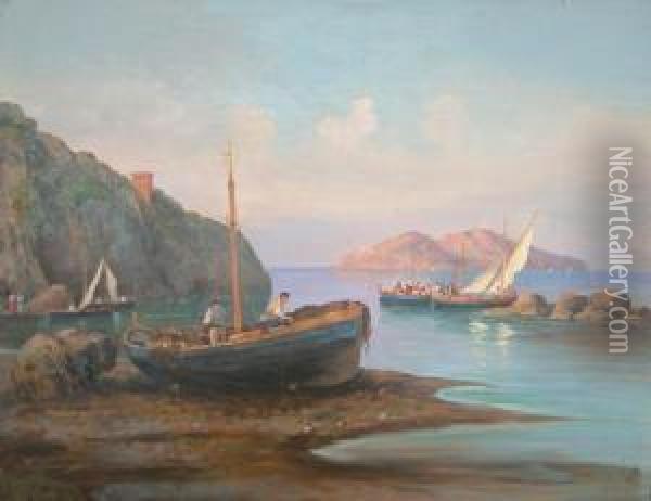 Barche Di Pescatori Sullo Sfondo Di Procida Oil Painting - Francesco Saverio Torcia
