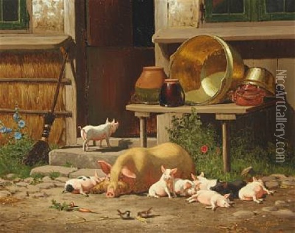 Summer Day With A Sow And Her Piglets Oil Painting - Carl Henrik Bogh